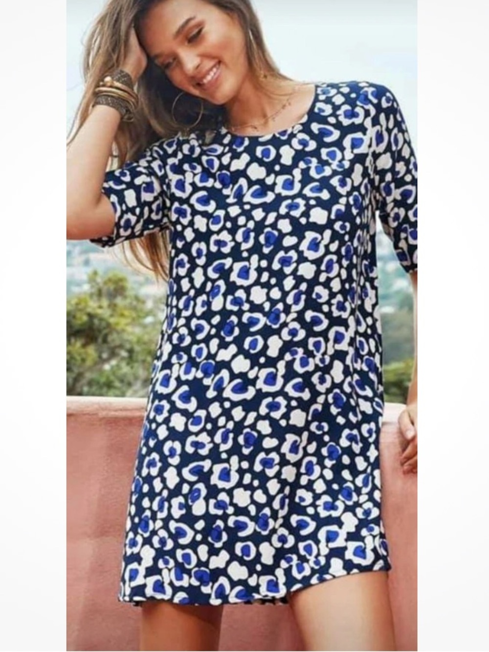 Mister Zimi Animal Print Shift Dress Leopard Spots White Blue Purple Size US 10